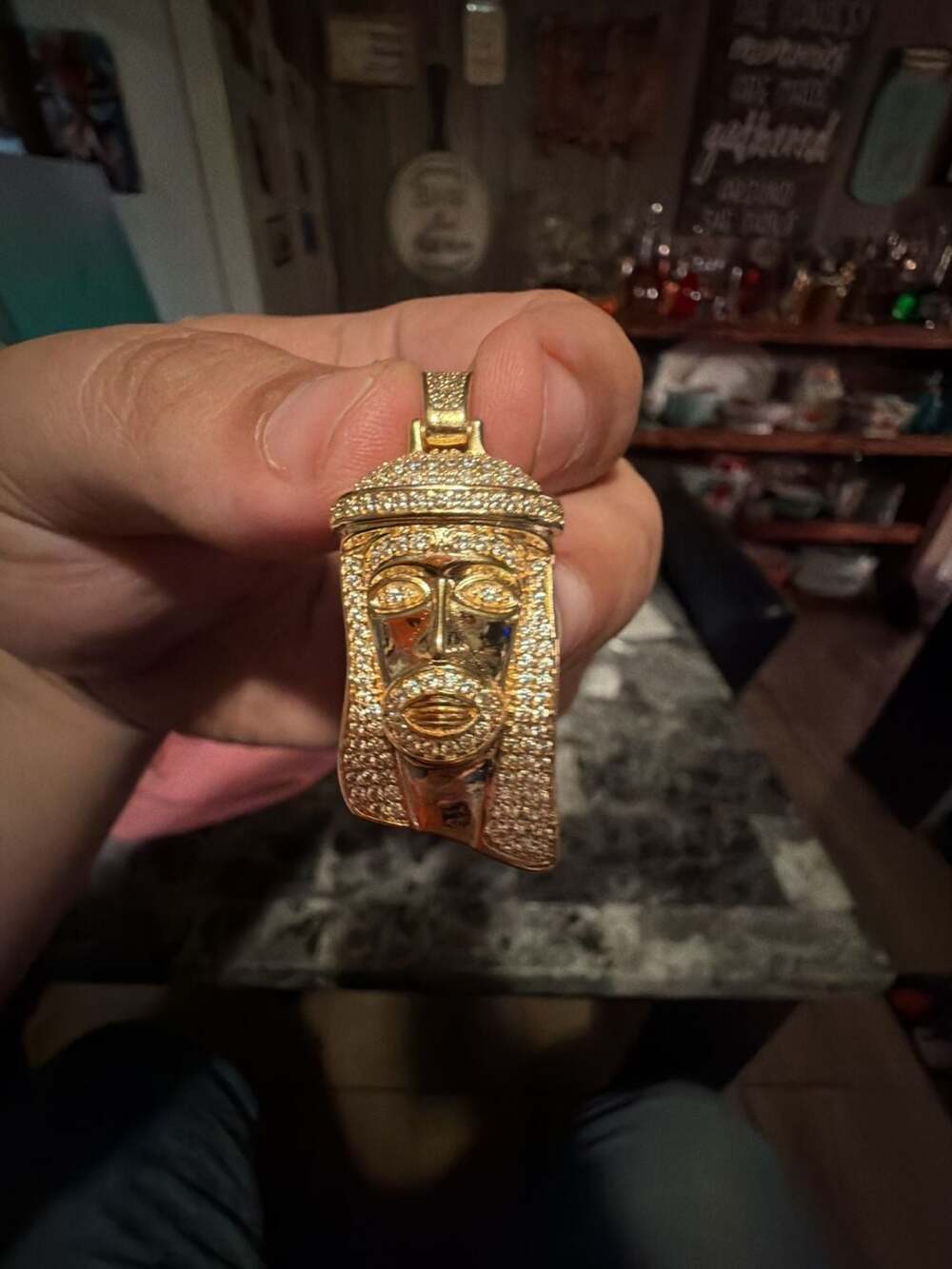 Gold Tone Jesus Face Pendant with Cubic Zirconia Accents brand new